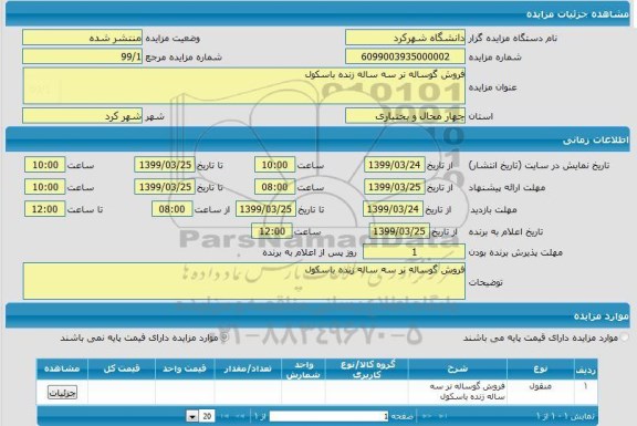 مزایده، مزایده فروش گوساله نر سه ساله زنده باسکول