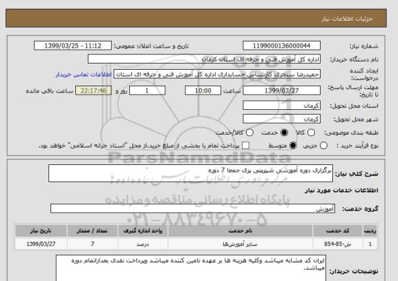 استعلام برگزاری دوره آموزشی شیرینی پزی جمعا 7 دوره