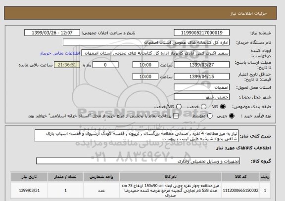 استعلام نیاز به میز مطالعه 4 نفره , صندلی مطالعه بزرگسال , تریبون , قفسه کودک آرشیوی و قفسه اسباب بازی شلفی بدون شیشه طبق لیست پیوست