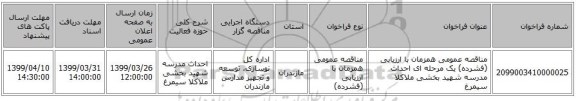 مناقصه عمومی همزمان با ارزیابی (فشرده) یک مرحله ای احداث مدرسه شهید بخشی ملاکلا سیمرغ