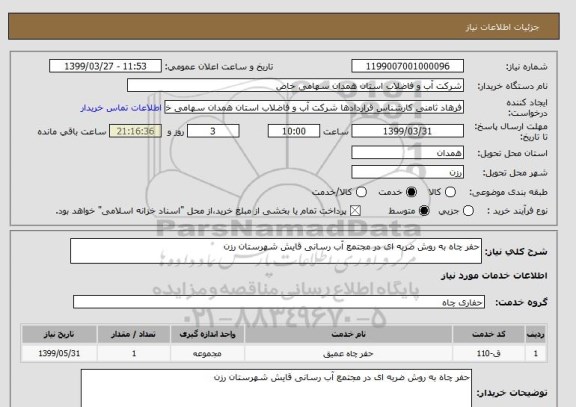 استعلام حفر چاه به روش ضربه ای در مجتمع آب رسانی قایش شهرستان رزن