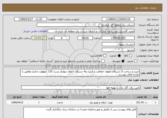 استعلام خرید و ساخت 5 دستگاه تابلوی حفاظت و کنترل و4 دستگاه تابلوی دیواری پست 132 کیلوولت جانباز مطابق با نقشه های پیوست.