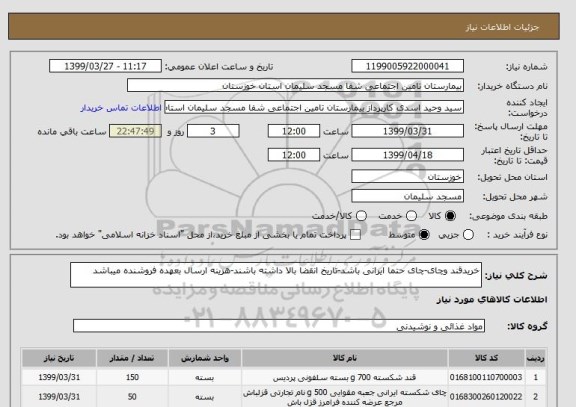 استعلام خریدقند وچای-چای حتما ایرانی باشد-تاریخ انقضا بالا داشته باشند-هزینه ارسال بعهده فروشنده میباشد