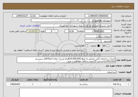 استعلام احداث ساختمان آتش نشانی به مبلغ 810.000.000ریال اسناد خزانه اخزا815به سررسید 1401/4/6بااحتساب 15درصد سالانه حفظ قدرت خرید