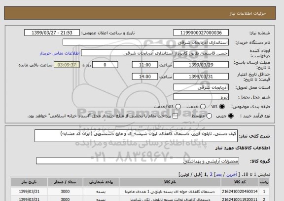 استعلام کیف دستی، نایلون فریزر، دستمال کاغذی، لیوان شیشه ای و مایع دستشویی (ایران کد مشابه)