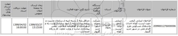 فراخوان ارزیابی کیفی جهت لیست کوتاه احداث واحدهای مسکونی طرح اقدام ملی در شهر جدید گلبهار