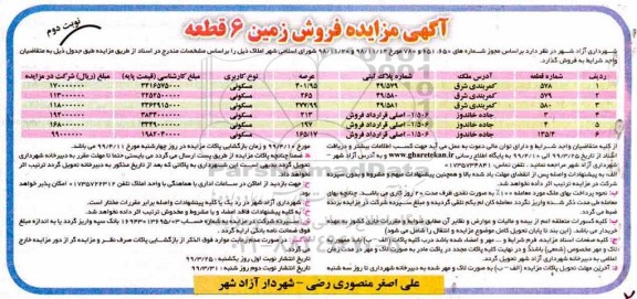 آگهی مزایده،مزایده فروش زمین 6 قطعه نوبت دوم 