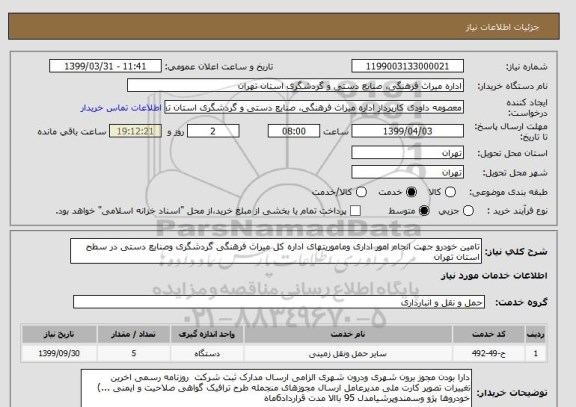 استعلام تامین خودرو جهت انجام امور اداری وماموریتهای اداره کل میراث فرهنگی گردشگری وصنایع دستی در سطح استان تهران