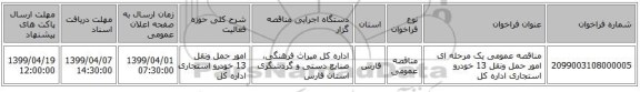 مناقصه عمومی یک مرحله ای امور حمل ونقل 13 خودرو استجاری اداره کل 