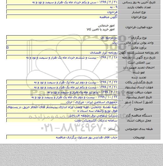 تهیه نقشه جانمایی ٬تهیه ونصب وراه اندازی سیستم های اعلام حریق در پستهای فوق توزیع وانتقال سه استان ه