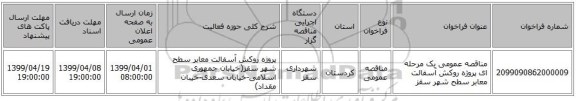 مناقصه عمومی یک مرحله ای پروژه روکش آسفالت معابر سطح شهر سقز