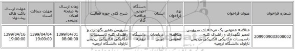 مناقصه عمومی یک مرحله ای سرویس تعمیر نگهداری و راهبری کلیه تاسیسات مکانیکی الکتریکی پردیس نازلوی دانشگاه ارومیه