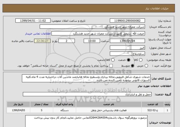 استعلام خدمات شهری شامل لایروبی،نخاله برداری وتسطیح نخاله هانیازمند ماشین آلات دراختیاربه مدت 4 ماه.کلیه کسورات قانونی برعهده تامین کننده می باشد