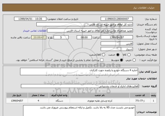 استعلام اجاره 4 دستگاه خودرو با راننده جهت کارکنان 