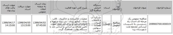 مناقصه عمومی یک مرحله ای احداث راه دسترسی به تاسیسات آبرسانی مجتمع تخت شهرستان رزن