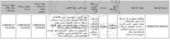 مناقصه عمومی یک مرحله ای اجرای خط انتقال ، پمپاژ، تجهیز ، فنس کشی ، ساخت حوضچه شیرالات و نصب سیستم حفاظتی مجتمع چنار علیا شهرستان اسدآباد