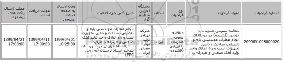 مناقصه عمومی همزمان با ارزیابی (فشرده) دو مرحله ای انجام عملیات مهندسی پایه و تفصیلی، ساخت و تأمین تجهیزات، نصب و راه اندازی واحد تولید آهک صنعتی و هیدراته ب