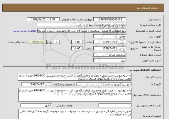 استعلام به شرح پیوست خرید لوازم و تجهیزات آزمایشگاهی با اسناد خزانه به سررسید 99/04/30 خرید از مراکز معتبر استان و یا از نمایندگیهای مستقر در استان