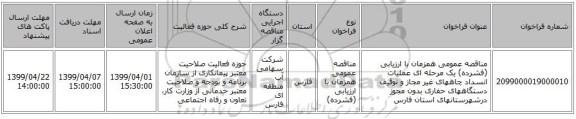 مناقصه عمومی همزمان با ارزیابی (فشرده) یک مرحله ای عملیات انسداد چاههای غیر مجاز و توقیف دستگاههای حفاری بدون مجوز درشهرستانهای استان فارس