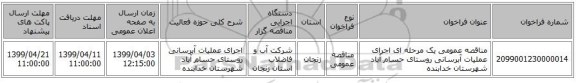 مناقصه عمومی یک مرحله ای اجرای عملیات آبرسانی روستای حسام آباد شهرستان خدابنده