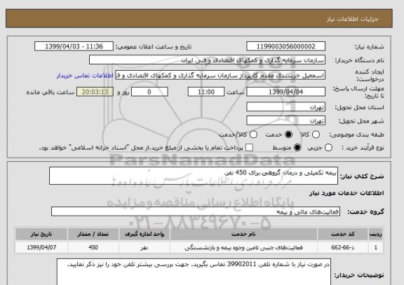 استعلام بیمه تکمیلی و درمان گروهی برای 450 نفر.