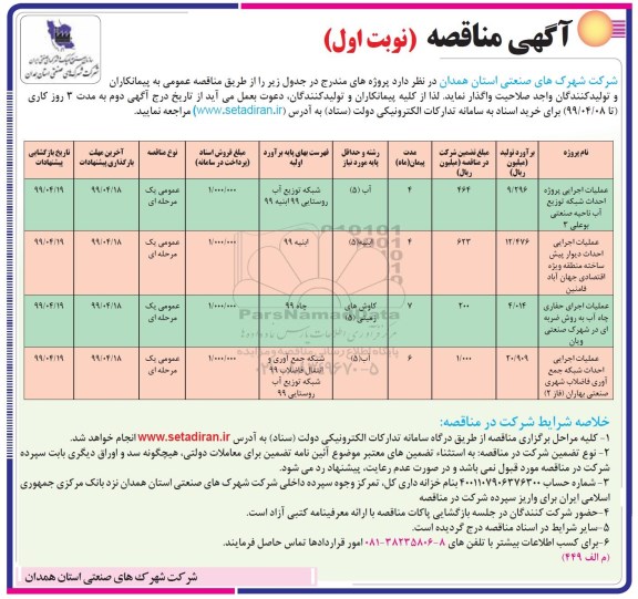 مناقصه ، مناقصه عملیات اجرایی پروژه احداث شبکه توزیع آب ناحیه صنعتی ...