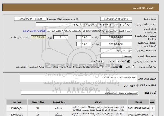 استعلام خرید پکیج زمینی برابر مشخصات 