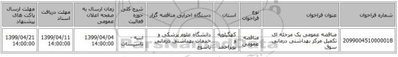 مناقصه عمومی یک مرحله ای تکمیل مرکز بهداشتی درمانی سوق