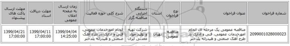 مناقصه عمومی یک مرحله ای انجام امورخدمات عمومی، فنی و اداری در طرح آهک صنعتی و هیدراته پلدختر