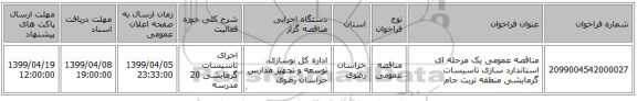 مناقصه عمومی یک مرحله ای استاندارد سازی تاسیسات گرمایشی منطقه تربت جام  