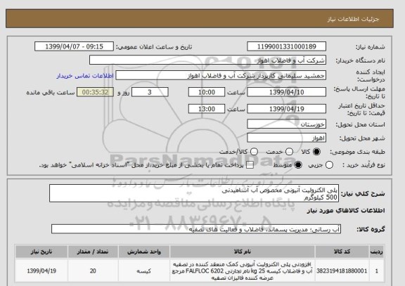 استعلام پلی الکترولیت آنیونی مخصوص آب آشامیدنی
500 کیلوگرم