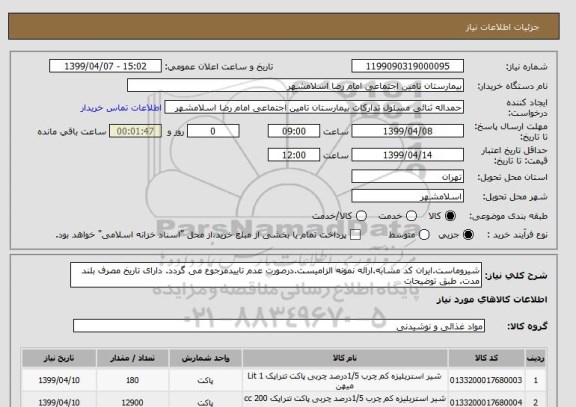 استعلام شیروماست.ایران کد مشابه.ارائه نمونه الزامیست.درصورت عدم تاییدمرجوع می گردد. دارای تاریخ مصرف بلند مدت. طبق توضیحات