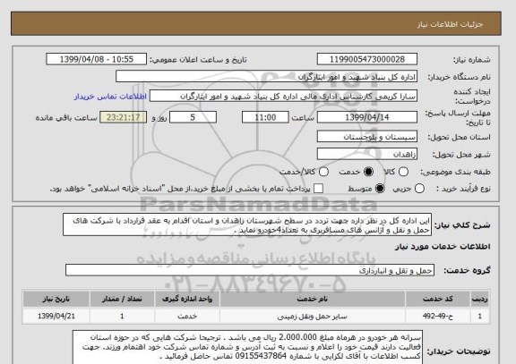 استعلام این اداره کل در نظر دارد جهت تردد در سطح شهرستان زاهدان و استان اقدام به عقد قرارداد با شرکت های حمل و نقل و آژانس های مسافربری به تعداد4خودرو نماید .