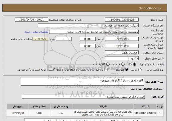 استعلام کاور عایقی باسبار 20کیلو ولت بیرونی 