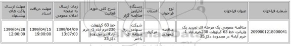 مناقصه عمومی یک مرحله ای تجدید یک واریانت خط 63 کیلوولت 230خرم آباد 1- خرم آباد4 در محدوده دکل35