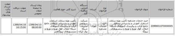 خرید خدمات مشاوره تأمین، ویژه سازی، استقرار، آموزش و پشتیبانی نرم‌افزار جامع قرائت و پیکربندی کنتورهای شبکه انتقال، فوق توزیع و توزیع و سنسورهای نیروگا