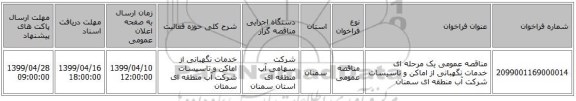 مناقصه عمومی یک مرحله ای خدمات نگهبانی از اماکن و تاسیسات شرکت آب منطقه ای سمنان