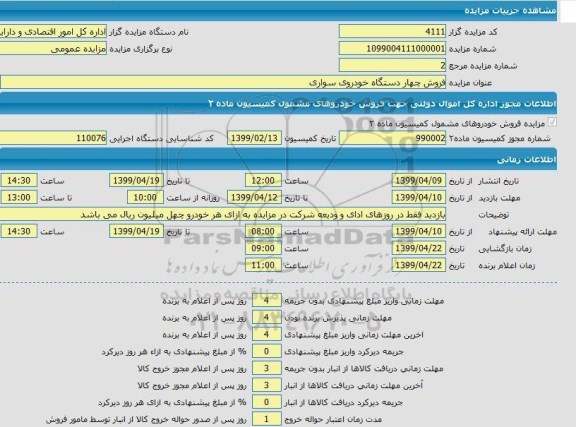 مزایده، مزایده فروش چهار دستگاه خودروی سواری