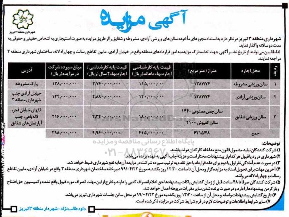 مزایده , مزایده واگذاری سالن های ورزشی