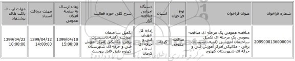 مناقصه عمومی یک مرحله ای مناقصه عمومی یک مرحله ای تکمیل ساختمان آموزشی (ابنیه،تاسیسات برقی - مکانیکی)مرکز آموزش فنی و حرفه ای شهرستان کهنوج