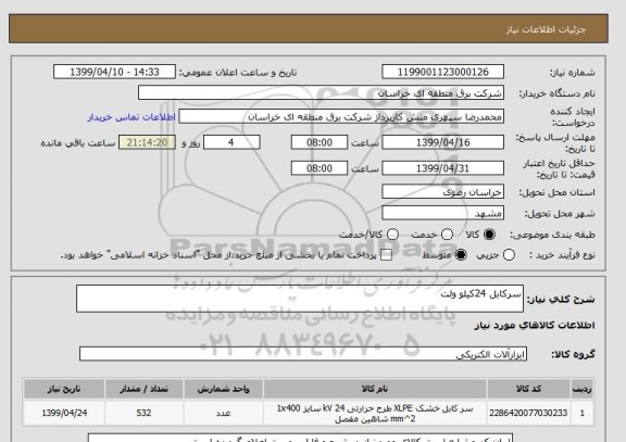 استعلام سرکابل 24کیلو ولت 