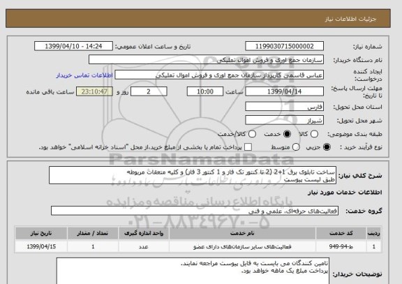 استعلام ساخت تابلوی برق 1+2 (2 تا کنتور تک فاز و 1 کنتور 3 فاز) و کلیه متعقات مربوطه
طبق لیست پیوست