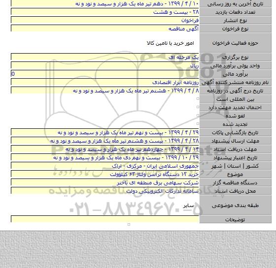 خرید ۱۲ دستگاه ترانس ولتاژ ۶۳ کیلوولت