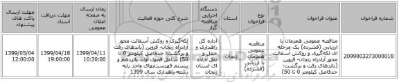 مناقصه عمومی همزمان با ارزیابی (فشرده) یک مرحله ای لکه‌گیری و روکش آسفالت محور آزادراه زنجان- قزوین (باندهای رفت و برگشت؛ حدفاصل کیلومتر 0 تا 50)