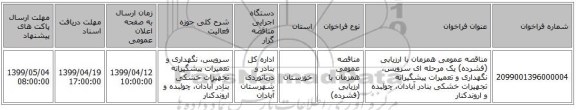 مناقصه عمومی همزمان با ارزیابی (فشرده) یک مرحله ای سرویس، نگهداری و تعمیرات پیشگیرانه تجهیزات خشکی بنادر آبادان، چوئبده و اروندکنار