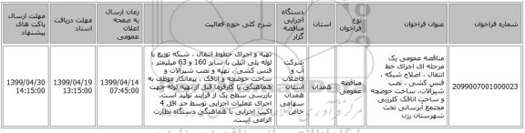 مناقصه عمومی یک مرحله ای اجرای خط انتقال ، اصلاح شبکه ، فنس کشی ، نصب شیرآلات، ساخت حوضچه و ساخت اتاقک کلرزنی مجتمع آبرسانی تخت شهرستان رزن