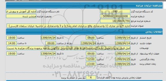 مزایده اجاره 4 واحد تجاری 1 واحد تجاری