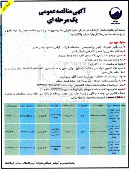 مناقصه، مناقصه تعمیر و نگهداری خدمات راهبری و مشترکین نوبت دوم 