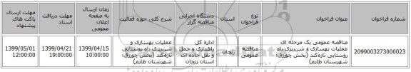 مناقصه عمومی یک مرحله ای عملیات بهسازی و شن‌ریزی راه روستایی تازه‌کند (بخش چورزق؛ شهرستان طارم)