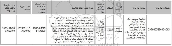 مناقصه عمومی یک مرحله ای کلیه خدمات پشتیبانی اعم از انجام امور خدمات نظافتی، سرویس‌دهی خدمات پذیرایی و تشریفات آبدارخانه و مهمانسر ا 